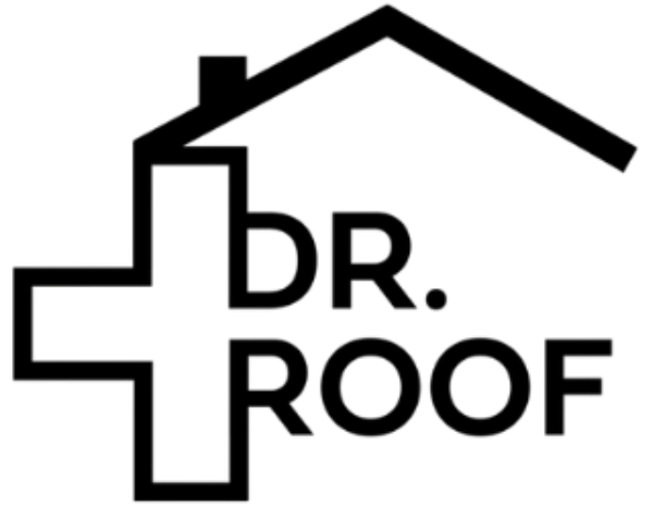 Logo for Dr. Roof, featuring a cross and a house outline. Text reads 