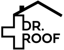 Logo for Dr. Roof, featuring a cross and a house outline. Text reads 