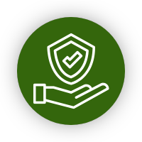 Hand holding shield with check mark, green circle background.