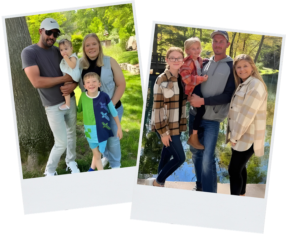 Two family groups posing outdoors by trees and water. Each has 3-4 people smiling, one holding a child.