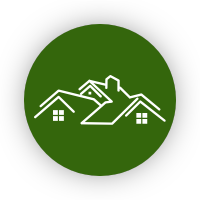 White line drawing of a house on a green circle, likely representing real estate or home services.