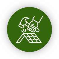 Icon of a hand hammering a roof tile on a green background.