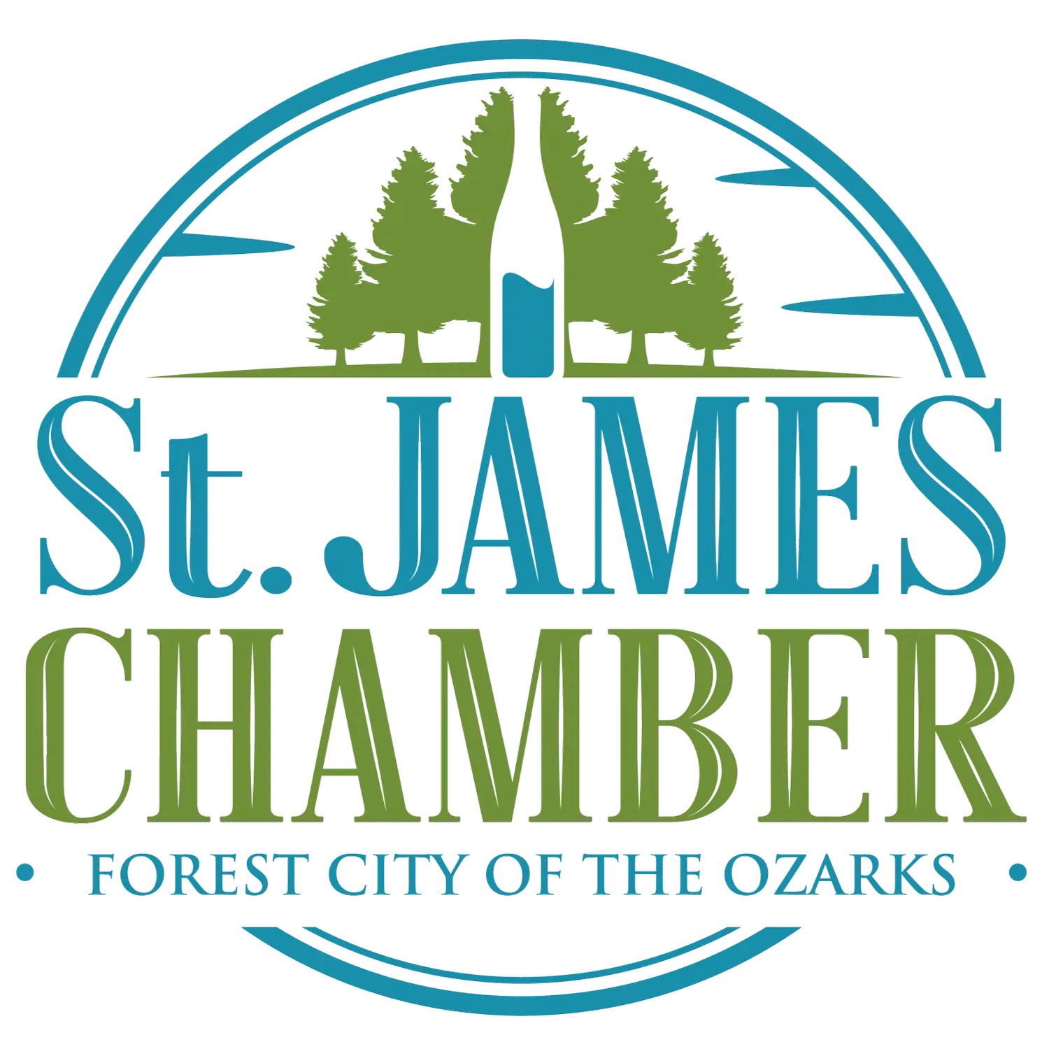 St. James Chamber logo: Trees, blue and green text, 