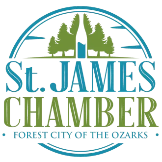 St. James Chamber logo: Trees, blue and green text, 