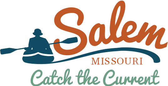 Logo for Salem, Missouri: Canoeist on blue water, orange 
