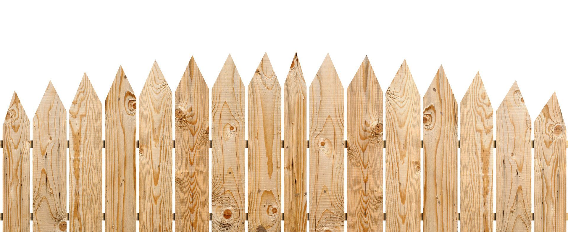Wood fence pickets with pointed tips on a white background