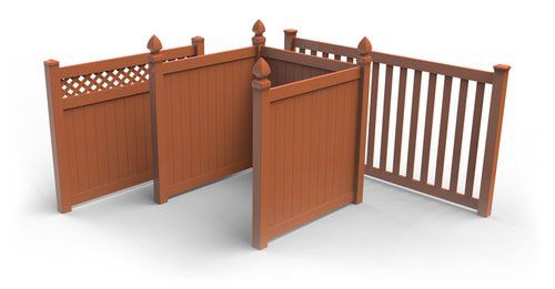 Different styles of vinyl fencing in a natural wood tone