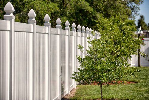 New vinyl fence with decorative posts next to a newly planted tree and a short white vinyl fence rounding a corner in a neighborhood.