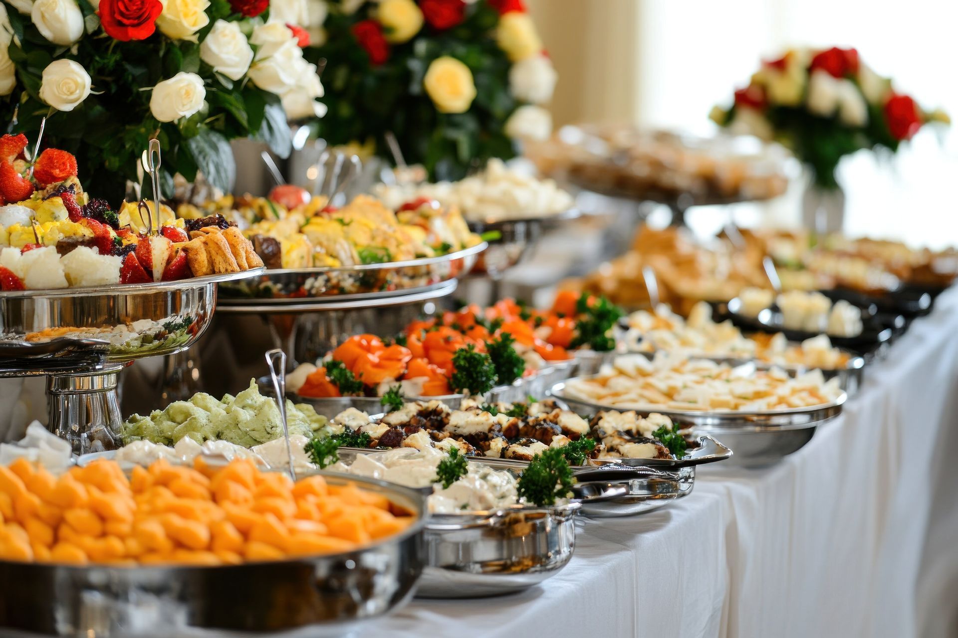 A long buffet table laden with platters of appetizers, cheeses, and fruit, decorated with fresh bouquets of flowers.