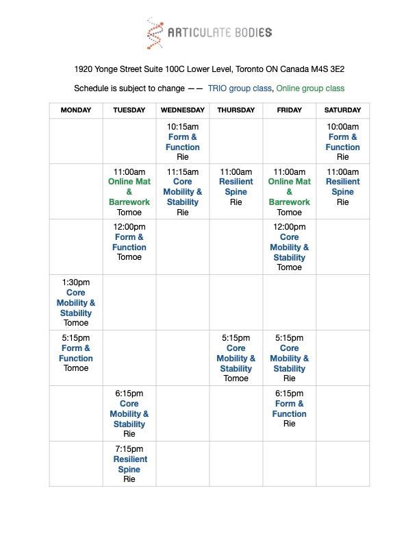 Movement and Equipment Class Schedule