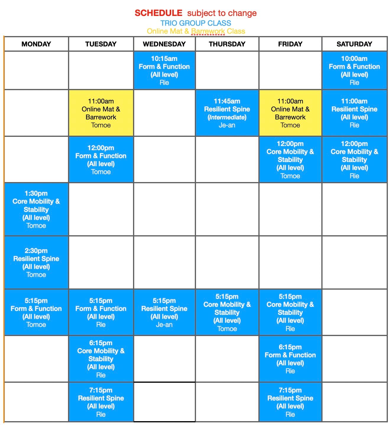 Movement and Equipment Class Schedule