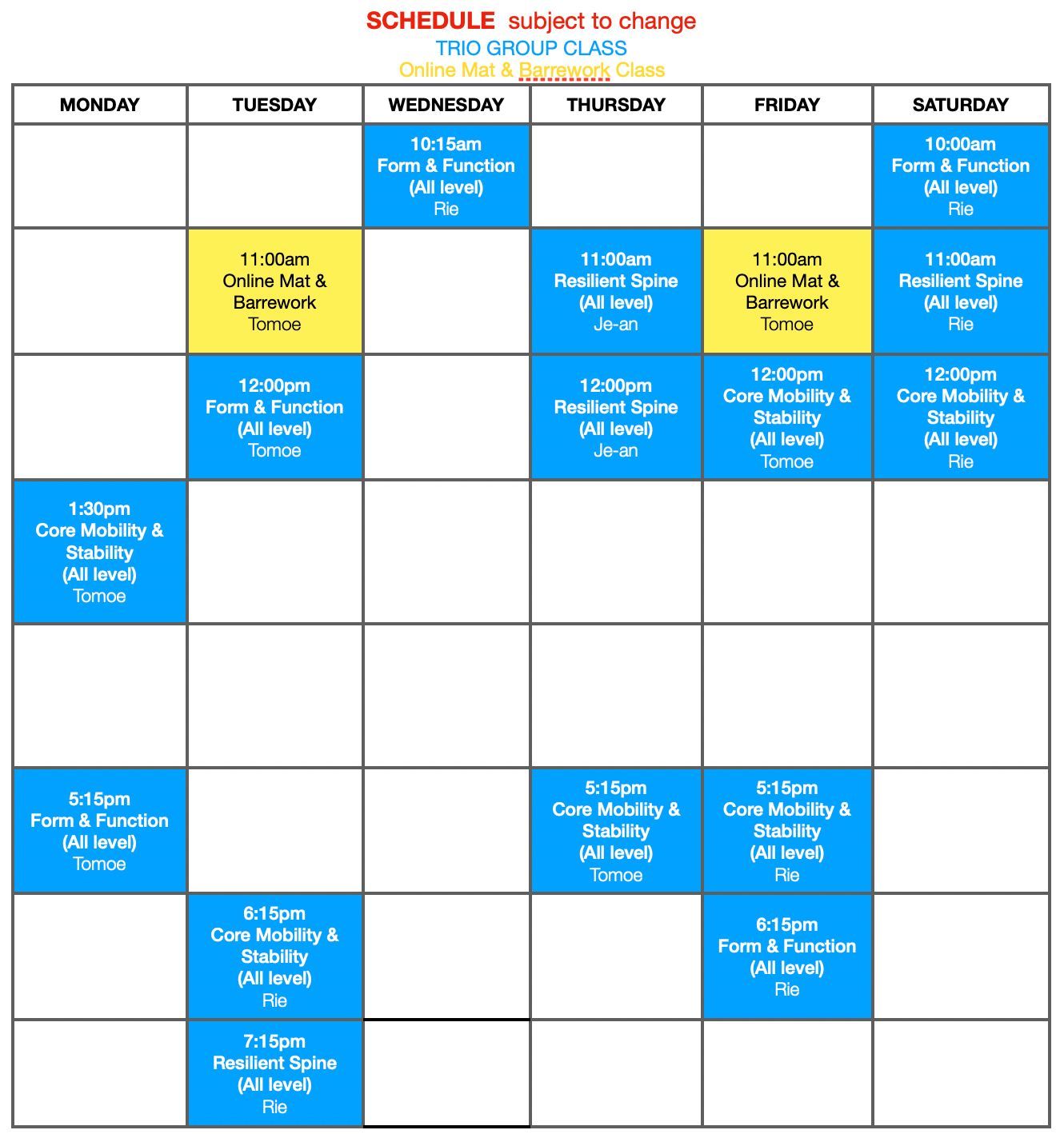 Movement and Equipment Class Schedule