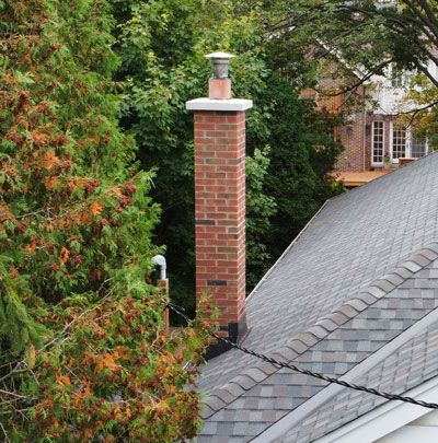 a brick chimney is sitting on top of a roof next to a tree