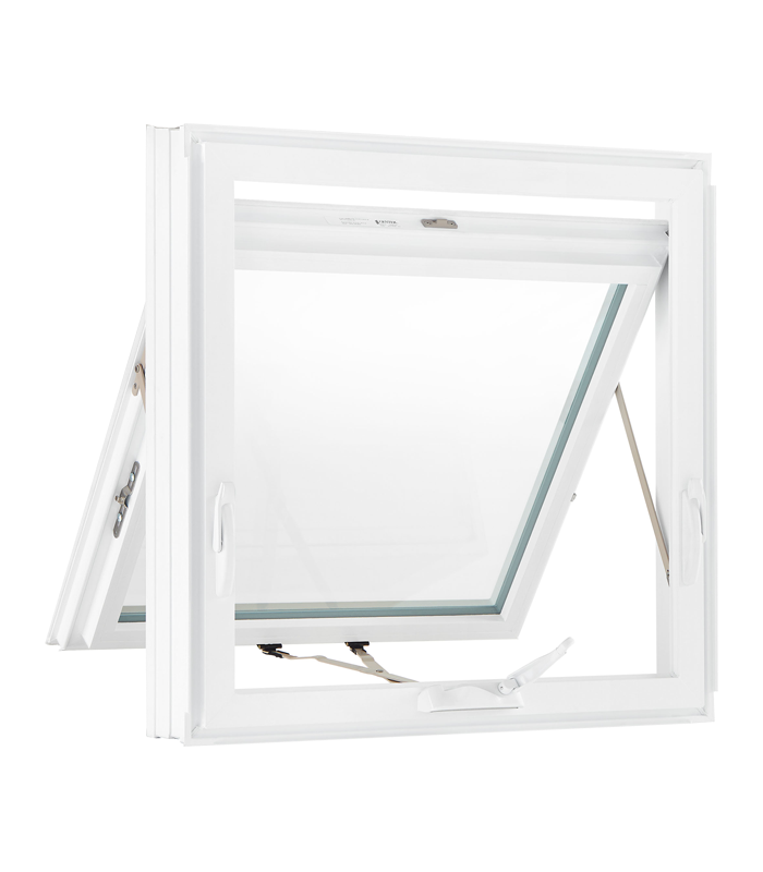 a white awning window with the glass open