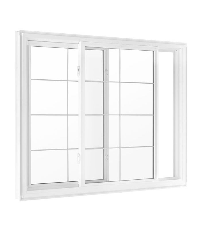 a white sliding window with a grid pattern