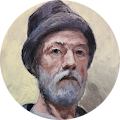 a painting of a man with a beard wearing a hat for google reviews profile