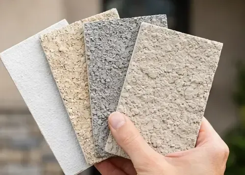 Hand holding four textured, rectangular stone samples in various neutral colors.