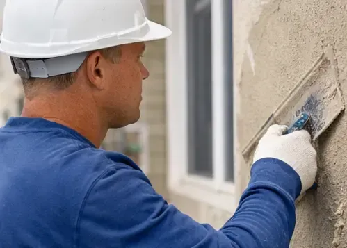 Construction worker in a blue shirt and white hard hat, applying stucco to a wall with a trowel.