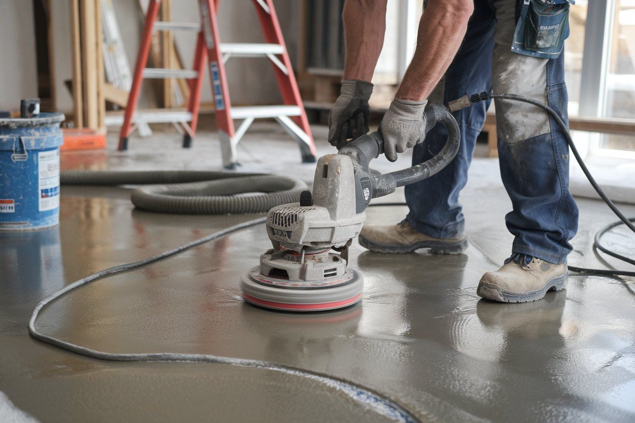 A man is polishing a concrete floor with a machine.