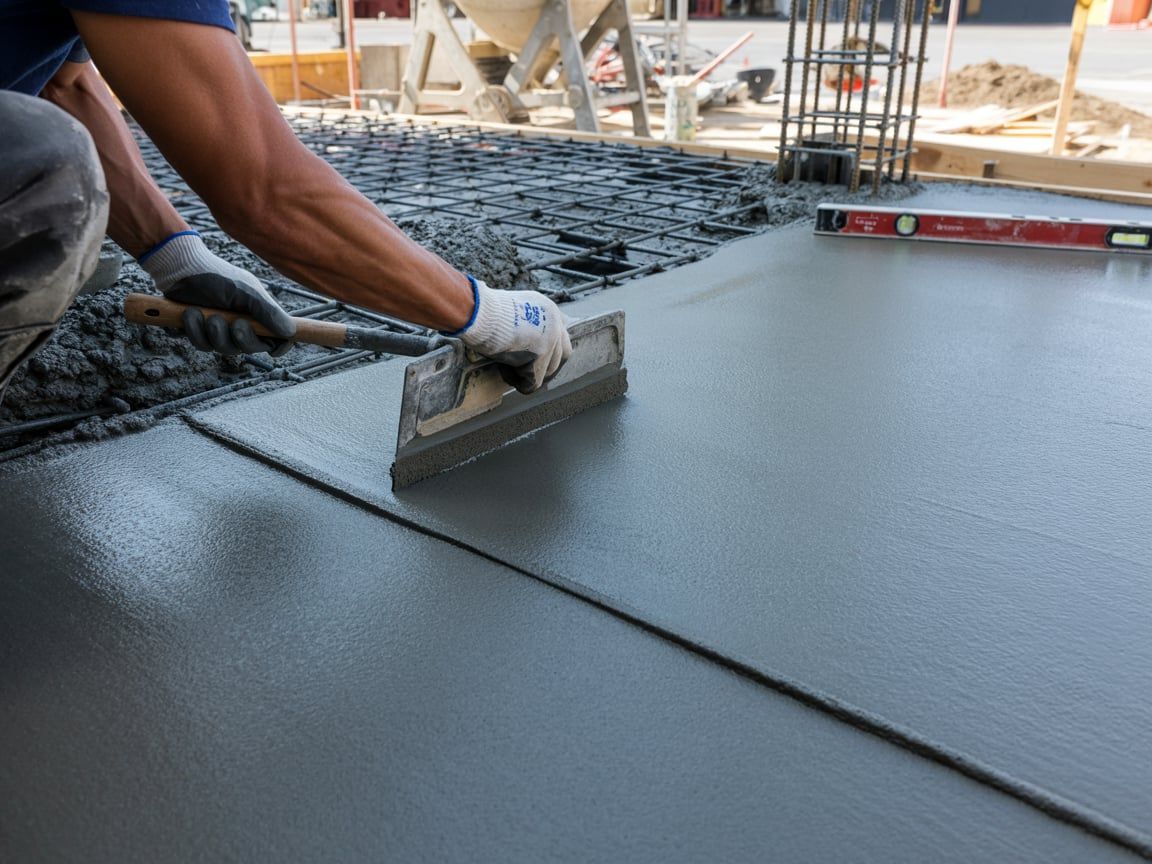Worker smoothing wet concrete with a trowel on a construction site.