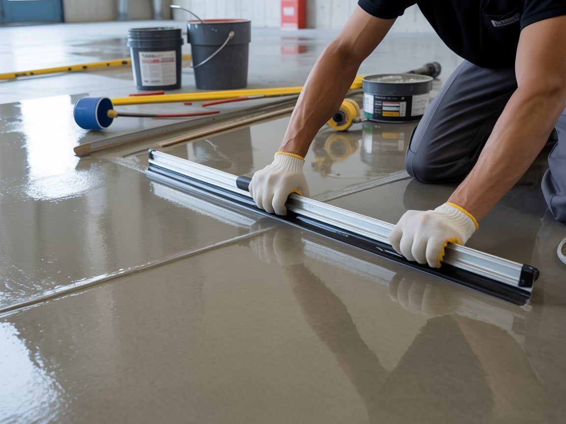 Person using a leveling tool on a concrete floor, with buckets and tools visible in the background.