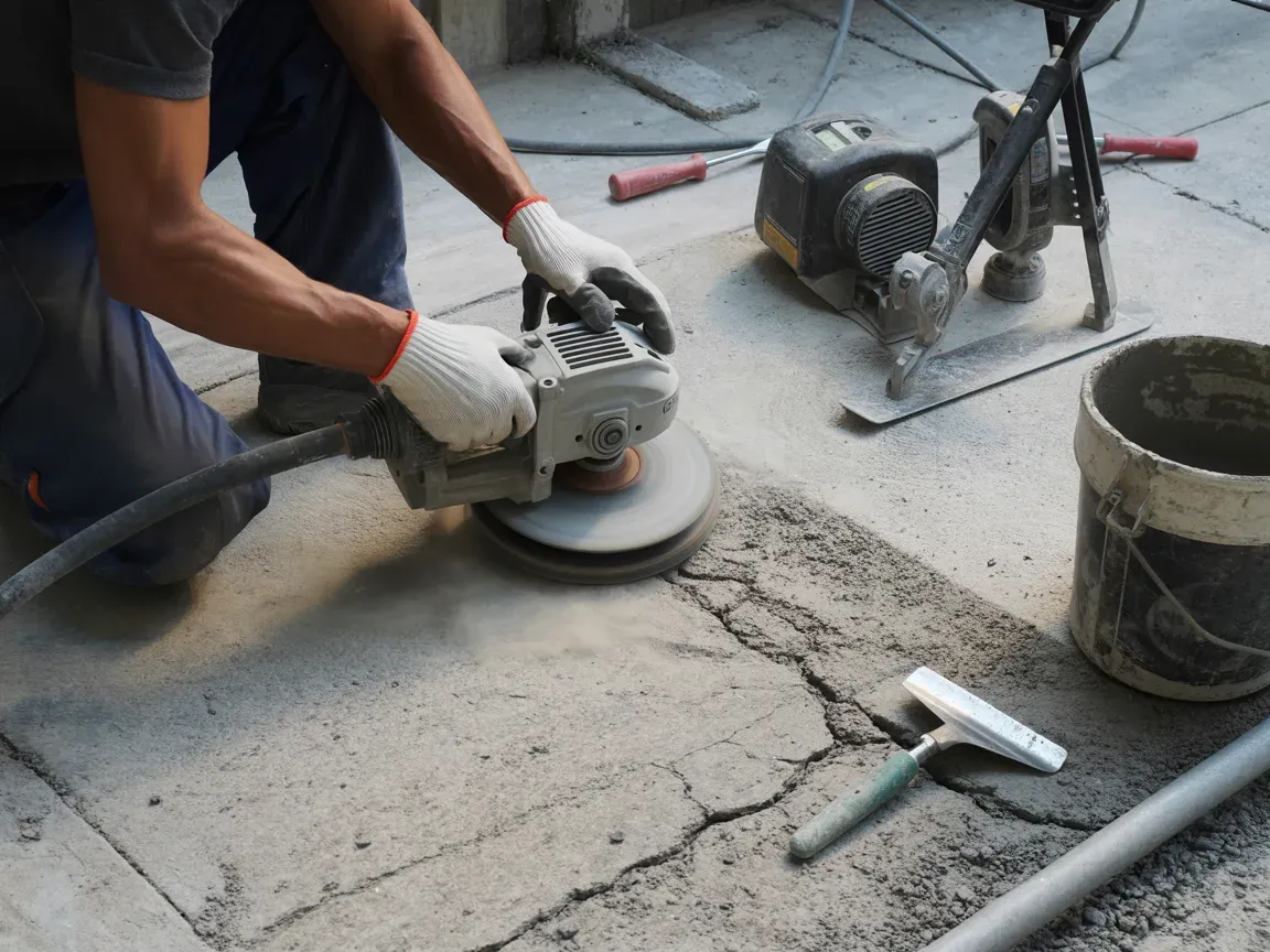 Person grinding concrete with a power tool, wearing gloves. Grey concrete and a bucket are also visible.