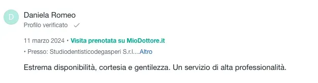 Recensione di Daniela Romeo con valutazione positiva e commento sulla professionalità.