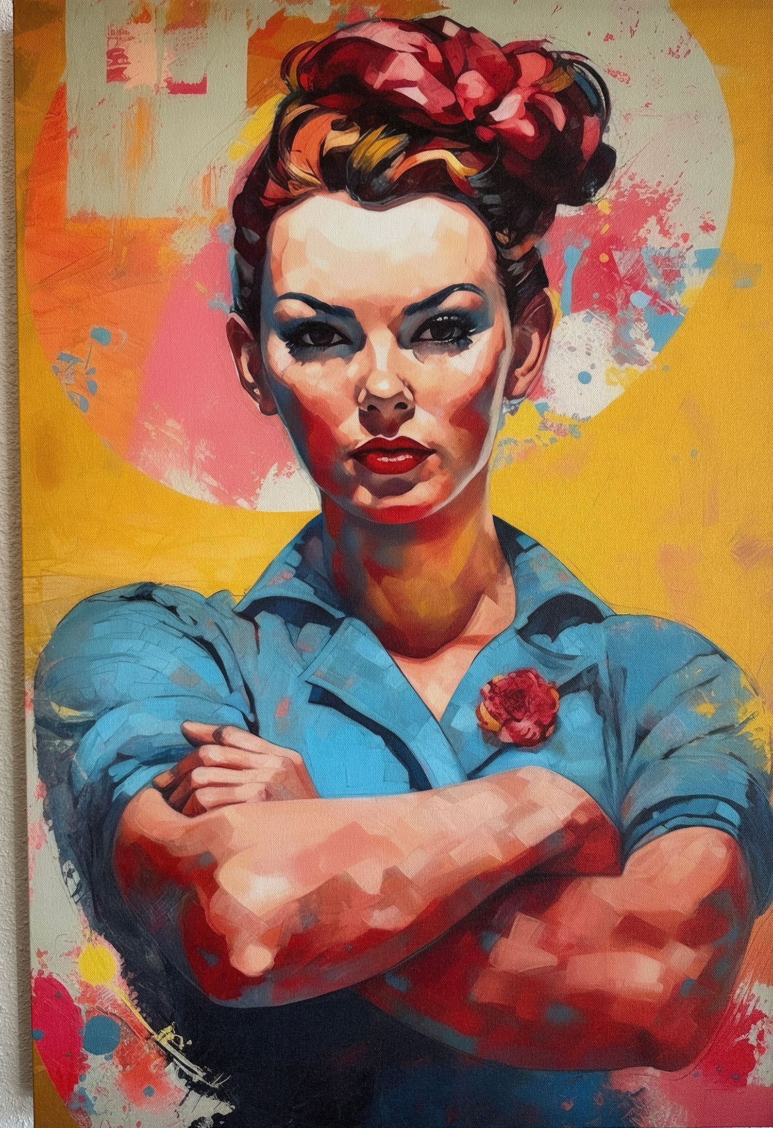 It is a painting of a woman with her arms crossed.