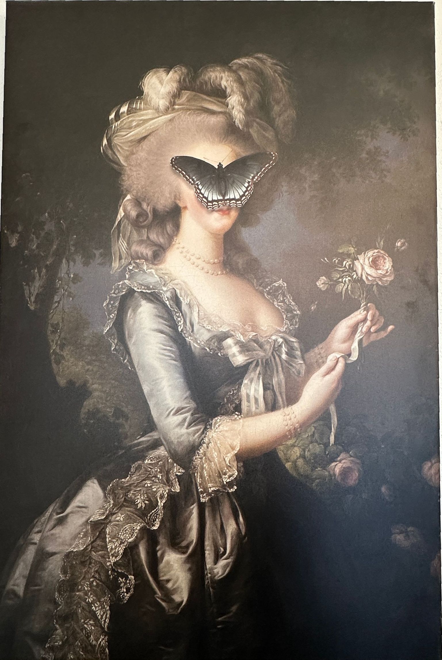 A painting of a woman with a butterfly on her face holding flowers.