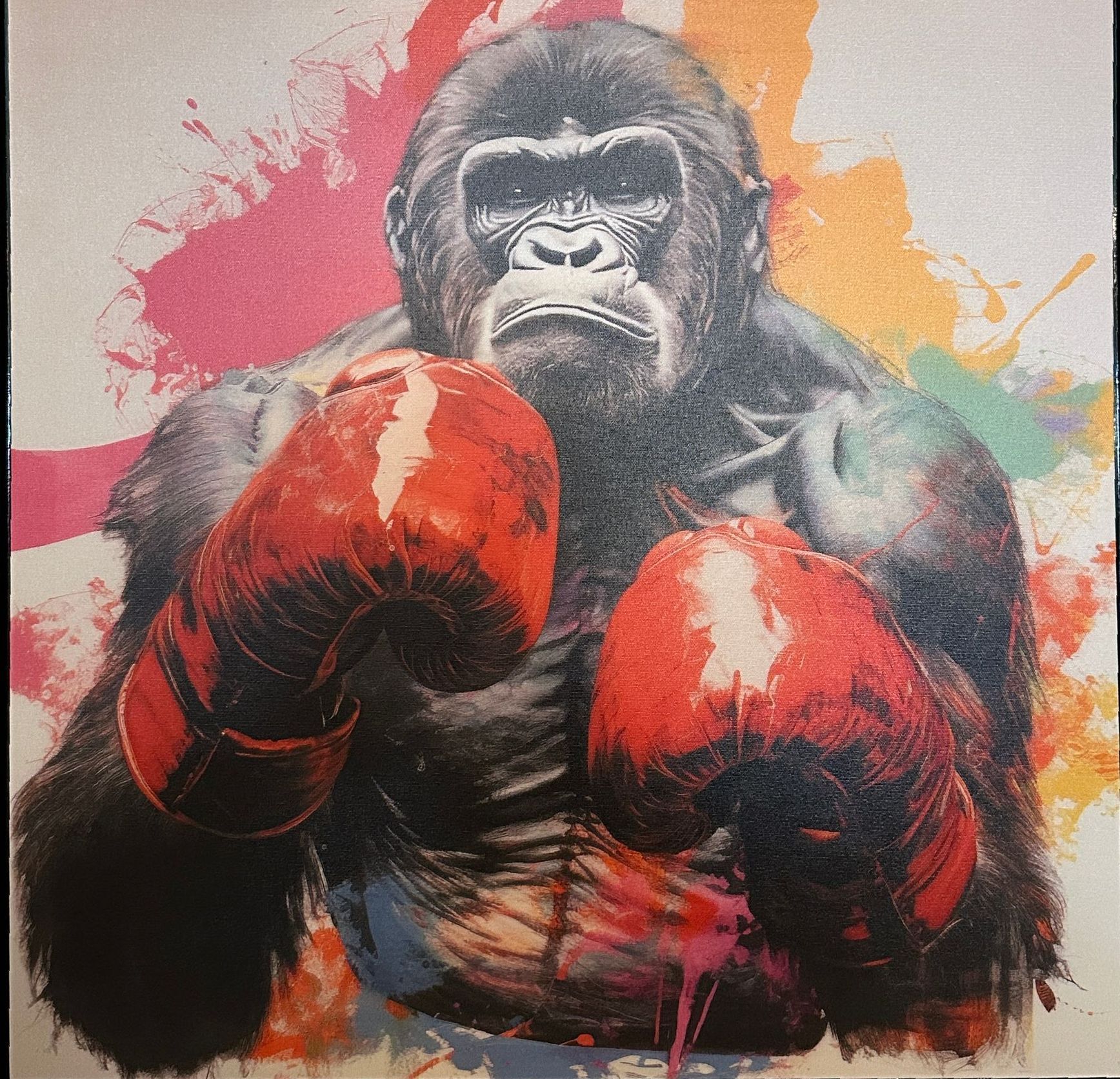 A painting of a gorilla wearing boxing gloves