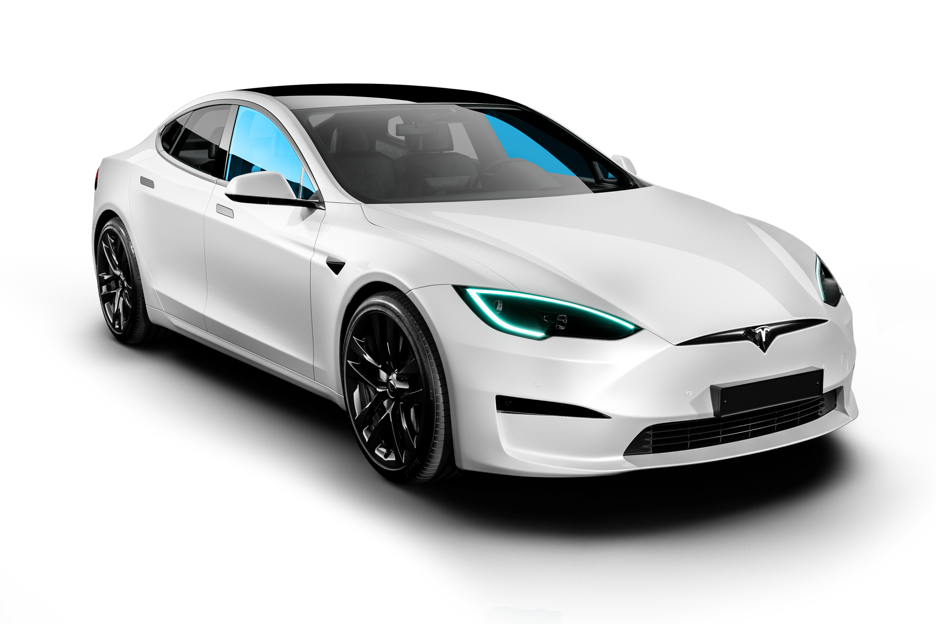 A white tesla model s with green lights on a white background.