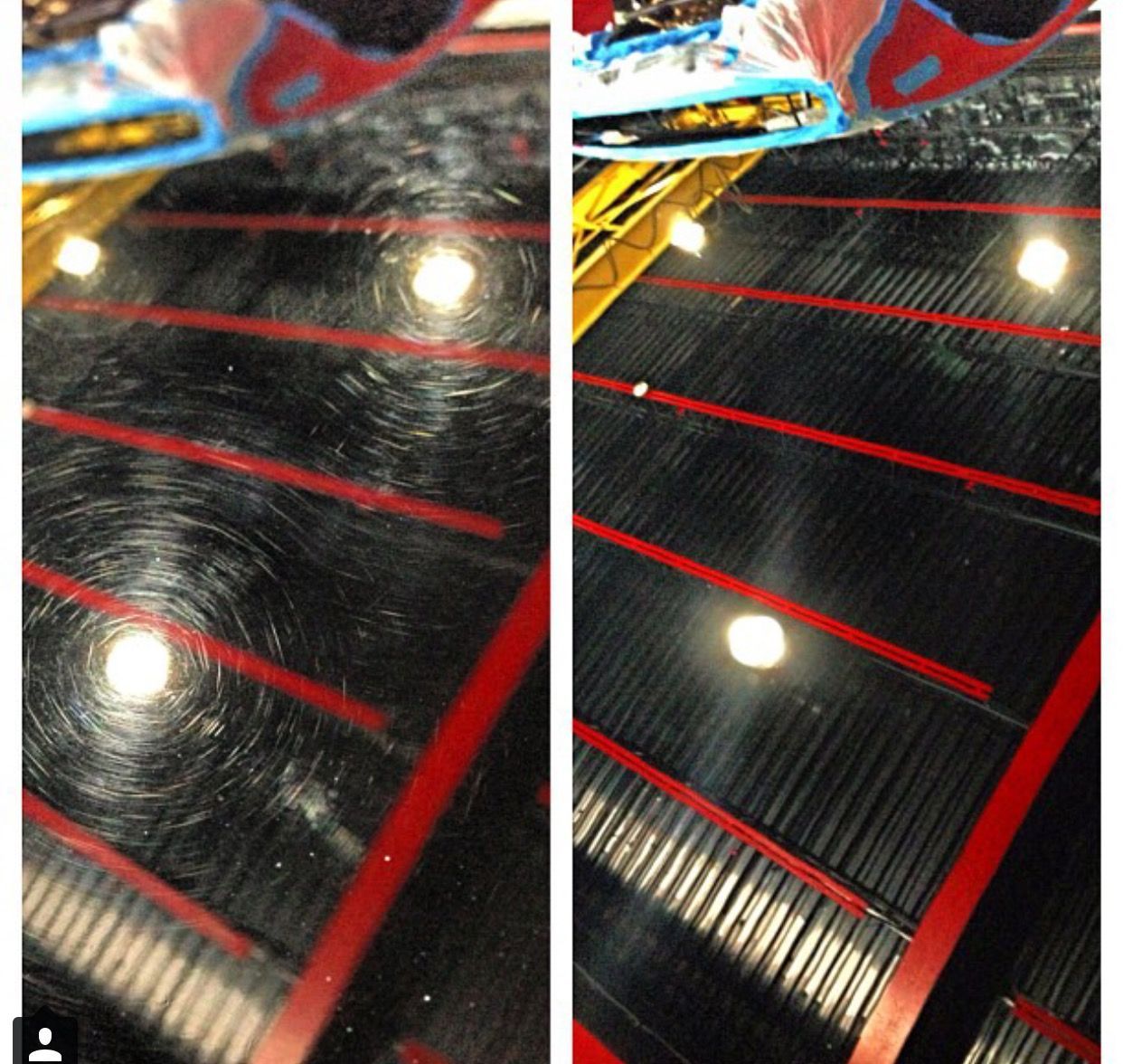 A before and after photo of a black surface with red stripes