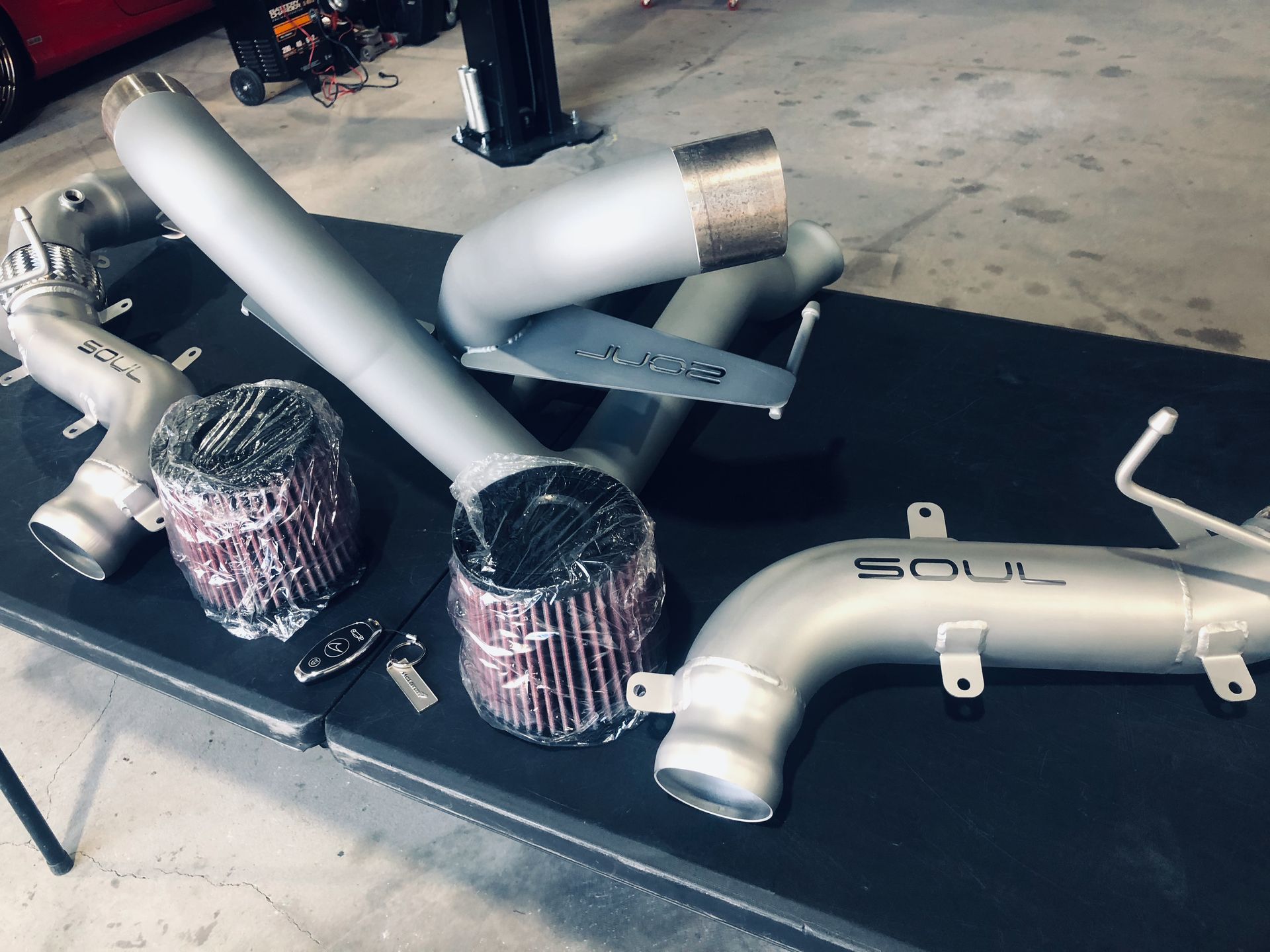 A set of exhaust pipes with the word soul on them