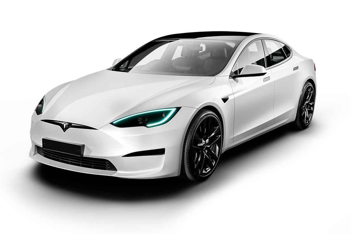 A white tesla model s is shown on a white background.