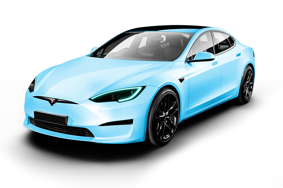 A blue tesla model s is shown on a white background.