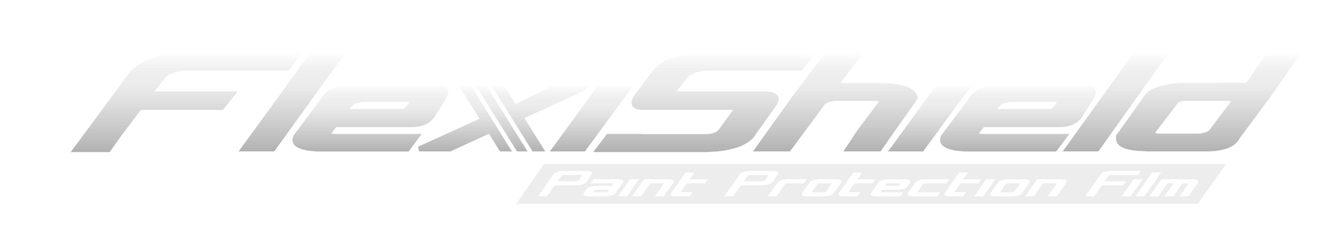 A white logo for flexshield paint protection film on a white background.
