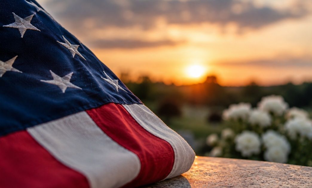 Folded American flag resting on a stone surface at sunset with soft flowers cremation services Arlin