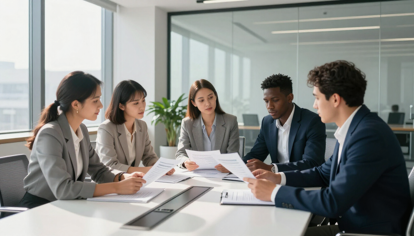 photorealistic modern office team meeting discussing documents natural lighting professional atmosphere