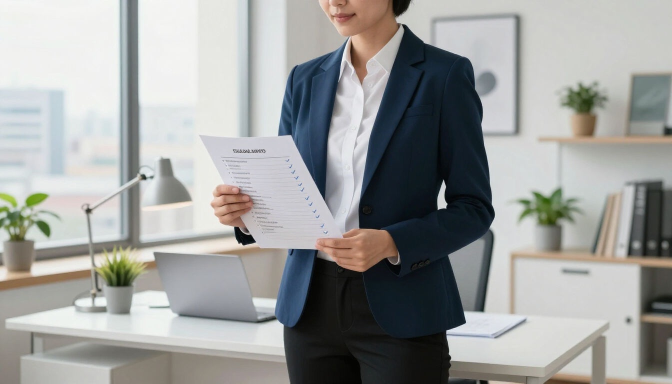 photorealistic image of a professional person reviewing a checklist in a bright modern office