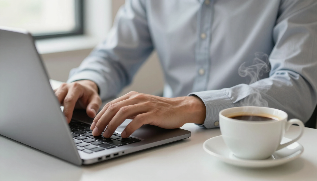 photorealistic close up of a professional person typing on a laptop with a cup of coffee nearby clean desk