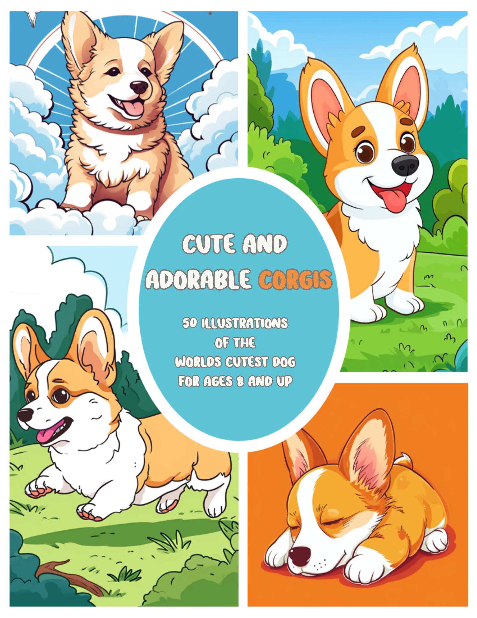 Coloring book cover featuring four Corgi dogs with orange coloring.  