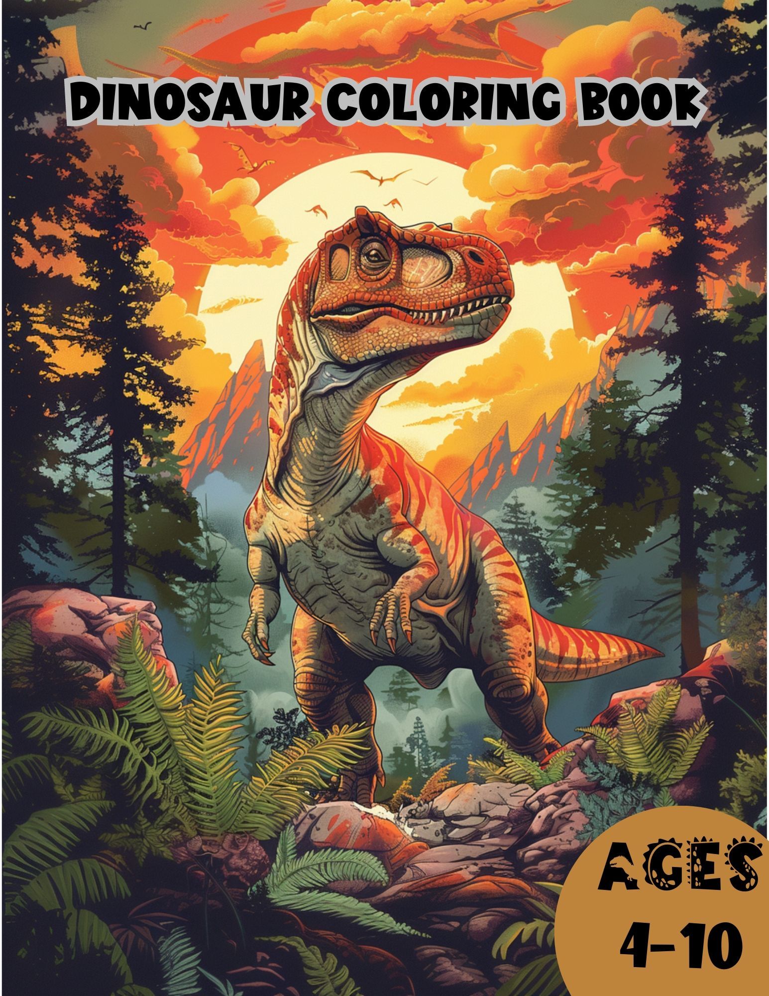 Coloring book cover for dinosaurs featuring a T-rex in the forest on the cover