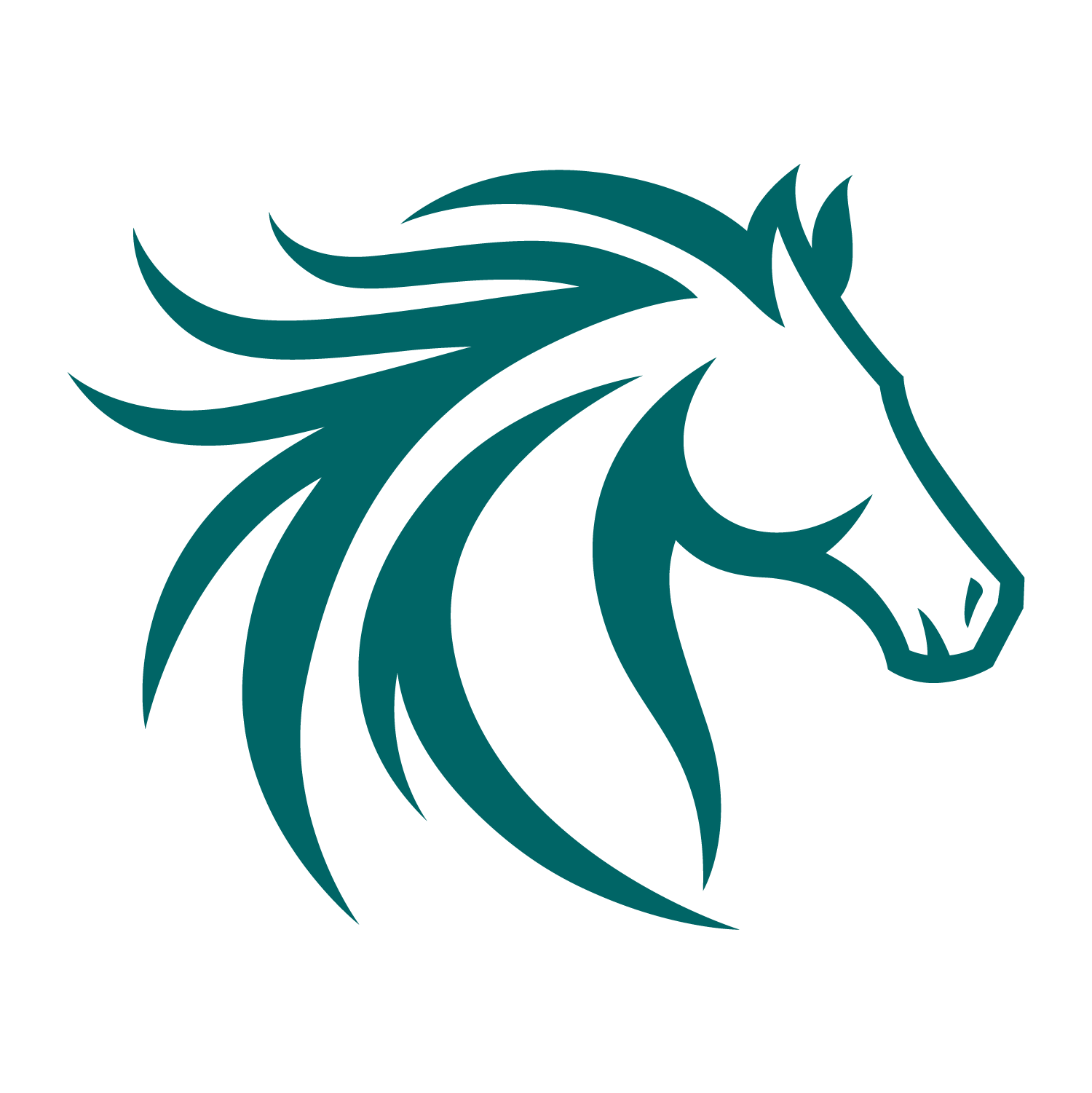 Teal silhouette of a horse head with flowing mane on a white background.
