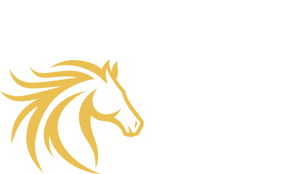 Gold horse head, facing right, with flowing mane on white background.