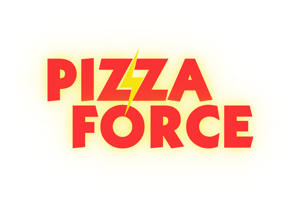 A pizza force logo with a lightning bolt in the middle.