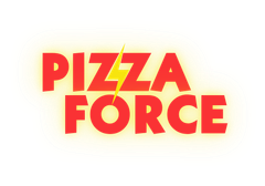 A pizza force logo with a lightning bolt in the middle.