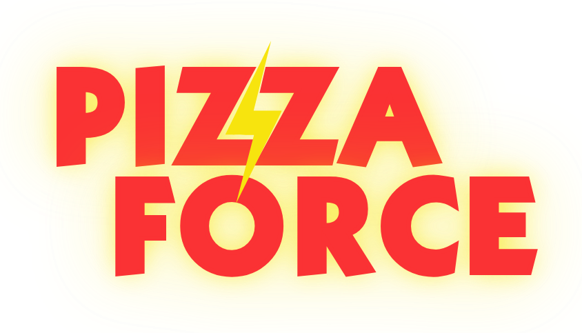 A pizza force logo with a lightning bolt in the middle.