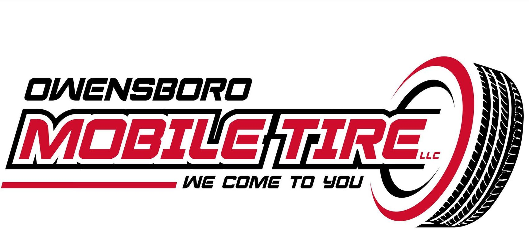 Logo for Owensboro Mobile Tire, red and black text with a tire graphic. "We come to you."