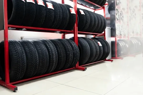 Red metal rack filled with black car tires, indoors.