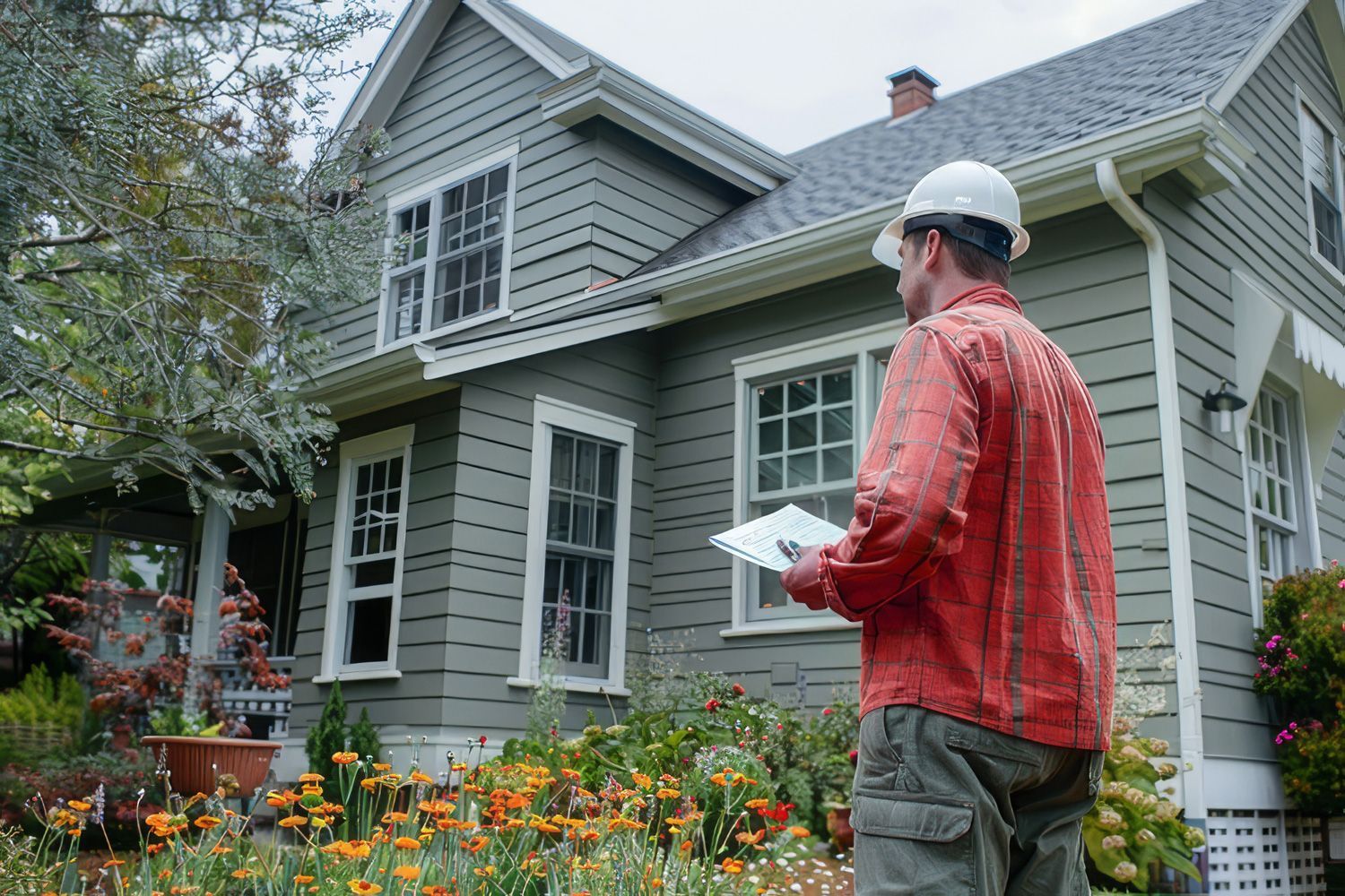 A man in a hard hat is standing in front of a house holding a piece of paper.